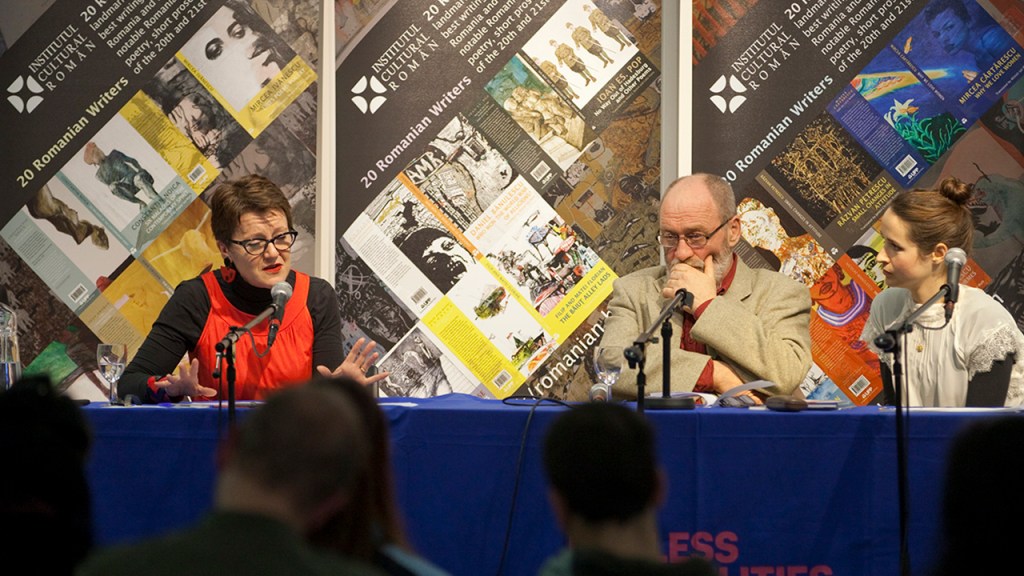 Photo of a panel at the Romanian Festival Book Launch with author Ion Muresan, TV presenter Rosie Goldsmith and Actress Cristina Catalina.